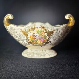 Rare Antique Japan Footed Oval Bowl With Victorian Courting Couple & Gold Floral